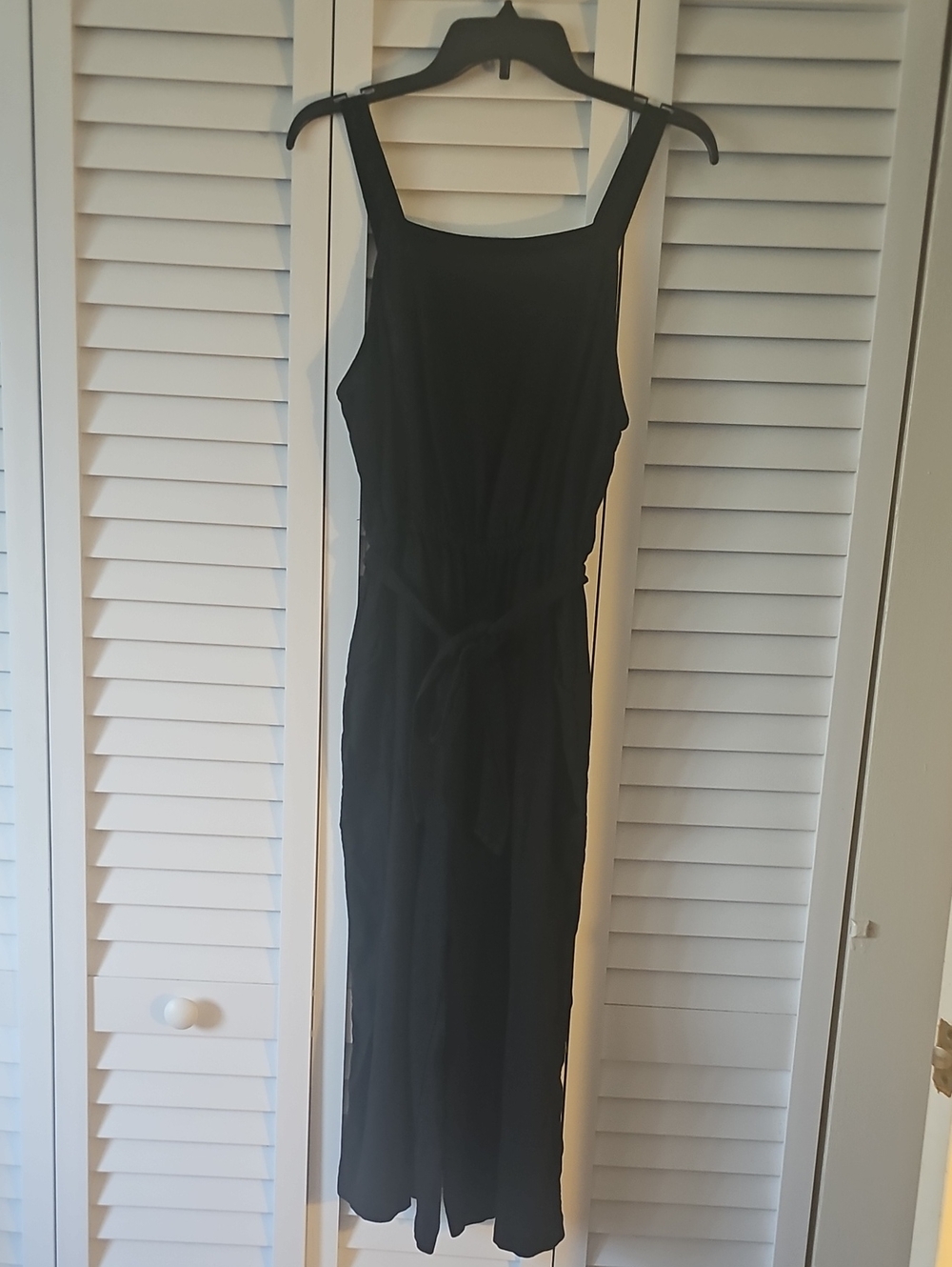 Black Women's  Sleeveless Capri Romper with Waist Tie